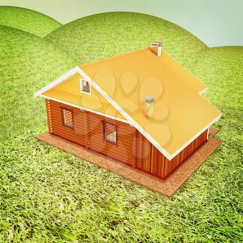 Wooden house against the background of fairytale landscape . 3D illustration. Vintage style.