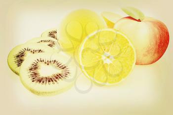 slices of kiwi, apple, orange and half orange on a white . 3D illustration. Vintage style.