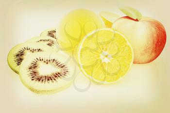 slices of kiwi, apple, orange and half orange on a white . 3D illustration. Vintage style.