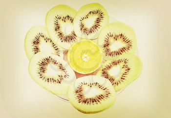 slices of kiwi and orange on a white background. 3D illustration. Vintage style.