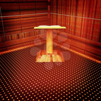 3d render of podium with an open book in the corner. 3D illustration. Vintage style.