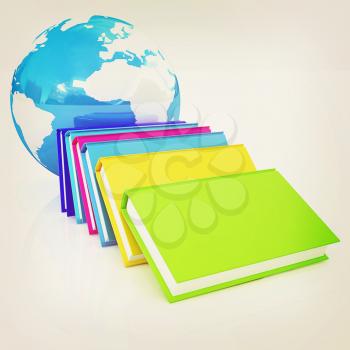 colorful real books and Earth. 3D illustration. Vintage style.