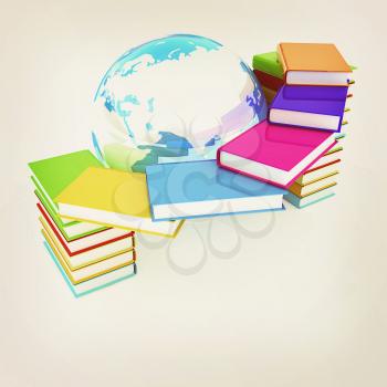 Colorful books and earth on a white background. 3D illustration. Vintage style.