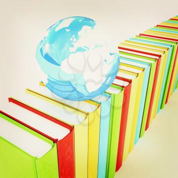 Colorful books and earth on a white background. 3D illustration. Vintage style.