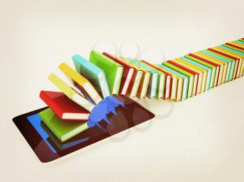 tablet pc and colorful real books on white background. 3D illustration. Vintage style.