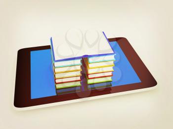 tablet pc and colorful real books on white background. 3D illustration. Vintage style.