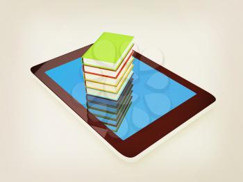 tablet pc and colorful real books on white background. 3D illustration. Vintage style.