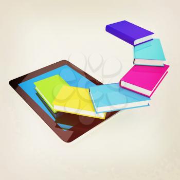 tablet pc and colorful real books on white background. 3D illustration. Vintage style.