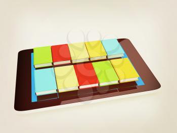 tablet pc and colorful real books on white background. 3D illustration. Vintage style.