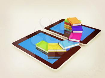 tablet pc and colorful real books on white background. 3D illustration. Vintage style.