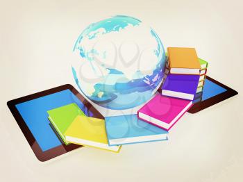 tablet pc and earth with colorful real books  on white background. 3D illustration. Vintage style.