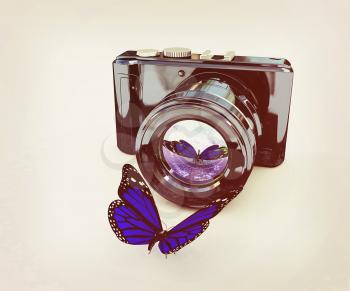 3d illustration of photographic camera and butterfly on white background