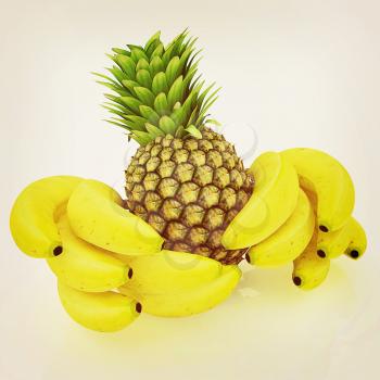 pineapple and bananas on a white background. 3D illustration. Vintage style.