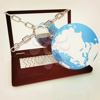 Laptop with lock, chain and earth on a white background. 3D illustration. Vintage style.