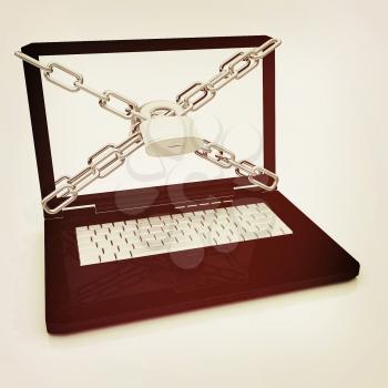 Laptop with lock and chain on a white background. 3D illustration. Vintage style.