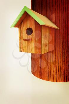 Nest box birdhouse on a white background. 3D illustration. Vintage style.