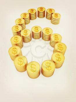 the number six of gold coins with dollar sign on a white background. 3D illustration. Vintage style.