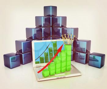 A laptop and cubic diagramatics structure. Concept of online business prosperity on a white background. 3D illustration. Vintage style.