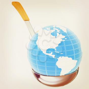 Blue earth on soup ladle on a white background. 3D illustration. Vintage style.