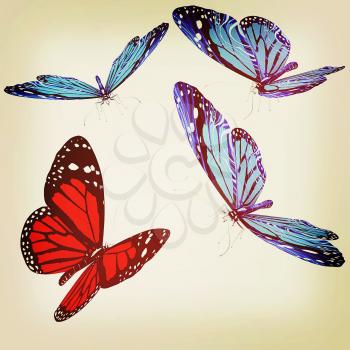 Butterflies on a white background. 3D illustration. Vintage style.