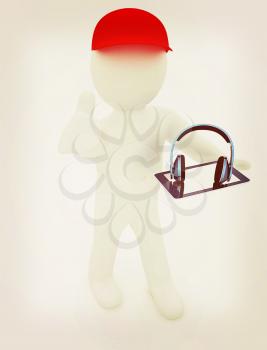 3d white man in a red peaked cap with thumb up, tablet pc and headphones on a white background. 3D illustration. Vintage style.