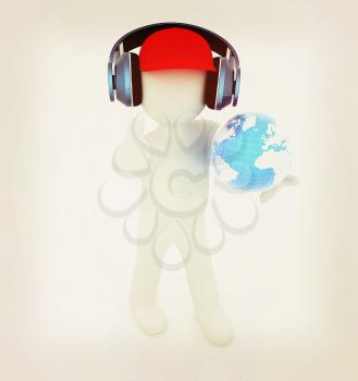 3d white man in a red peaked cap with thumb up, tablet pc and headphones. Global concept with blue earth . 3D illustration. Vintage style.