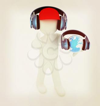 3d white man in a red peaked cap with thumb up, tablet pc and headphones. Global concept with blue earth . 3D illustration. Vintage style.