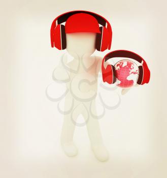 3d white man in a red peaked cap with thumb up, tablet pc and headphones. Global concept with blue earth . 3D illustration. Vintage style.