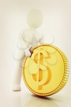 3d small man with gold dollar coin on a white background. 3D illustration. Vintage style.