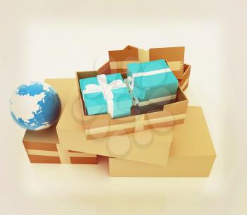 Cardboard boxes, gifts and earth on a white background. 3D illustration. Vintage style.