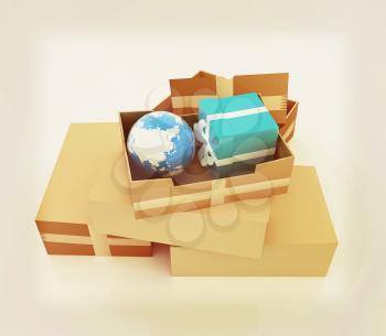 Cardboard boxes, gifts and earth on a white background. 3D illustration. Vintage style.