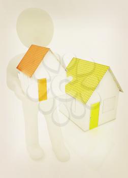 3d man with house on a white background. 3D illustration. Vintage style.