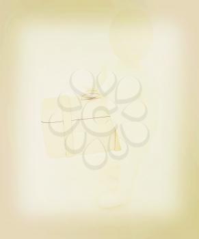 Leather suitcase for travel with 3d man on a white background. 3D illustration. Vintage style.