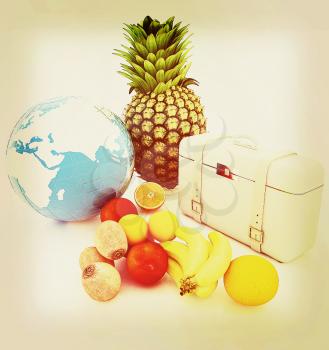 Citrus,earth and traveler's suitcase on a white background. 3D illustration. Vintage style.