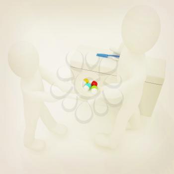 Doctor giving pills on a white background. 3D illustration. Vintage style.