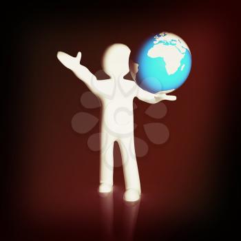 3d man holding a glowing earth. 3D illustration. Vintage style.