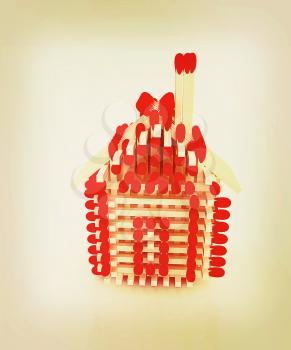 Log house from matches pattern on white . 3D illustration. Vintage style.