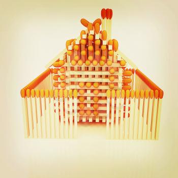 Log house from matches pattern on white . 3D illustration. Vintage style.