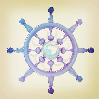 Steering wheel with Earth. Trip around the world concept on a white background. 3D illustration. Vintage style.