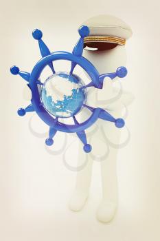 Sailor with steering wheel and earth. Trip around the world concept on a white background. 3D illustration. Vintage style.