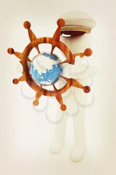 Sailor with wood steering wheel and earth. Trip around the world concept on a white background. 3D illustration. Vintage style.