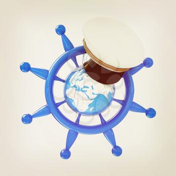 Steering wheel with Earth, and marine cap . Trip around the world concept on a white background. 3D illustration. Vintage style.