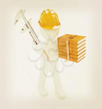 3d man engineer in hard hat with vernier caliper and best technical educational literature on a white background. 3D illustration. Vintage style.