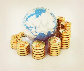 Gold dollar coin stack around the Earth isolated on white . 3D illustration. Vintage style.