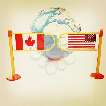 Three-dimensional image of the turnstile and flags of USA and Canada on a white background . 3D illustration. Vintage style.