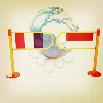 Three-dimensional image of the turnstile and flags of France and Monaco on a white background . 3D illustration. Vintage style.