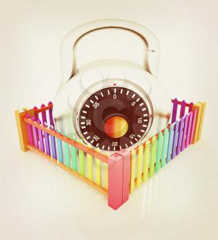 Protection concept.Lock closed colorfull fence on a white background. 3D illustration. Vintage style.