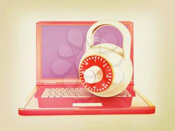 Laptop with lock.3d illustration on white isolated background.. 3D illustration. Vintage style.