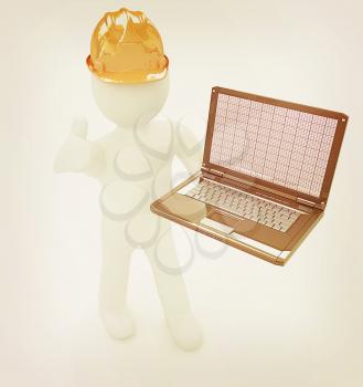 3D small people - an engineer with the laptop on a white background. 3D illustration. Vintage style.