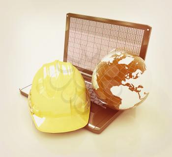 Hard hat and earth on a laptop on a white background. 3D illustration. Vintage style.